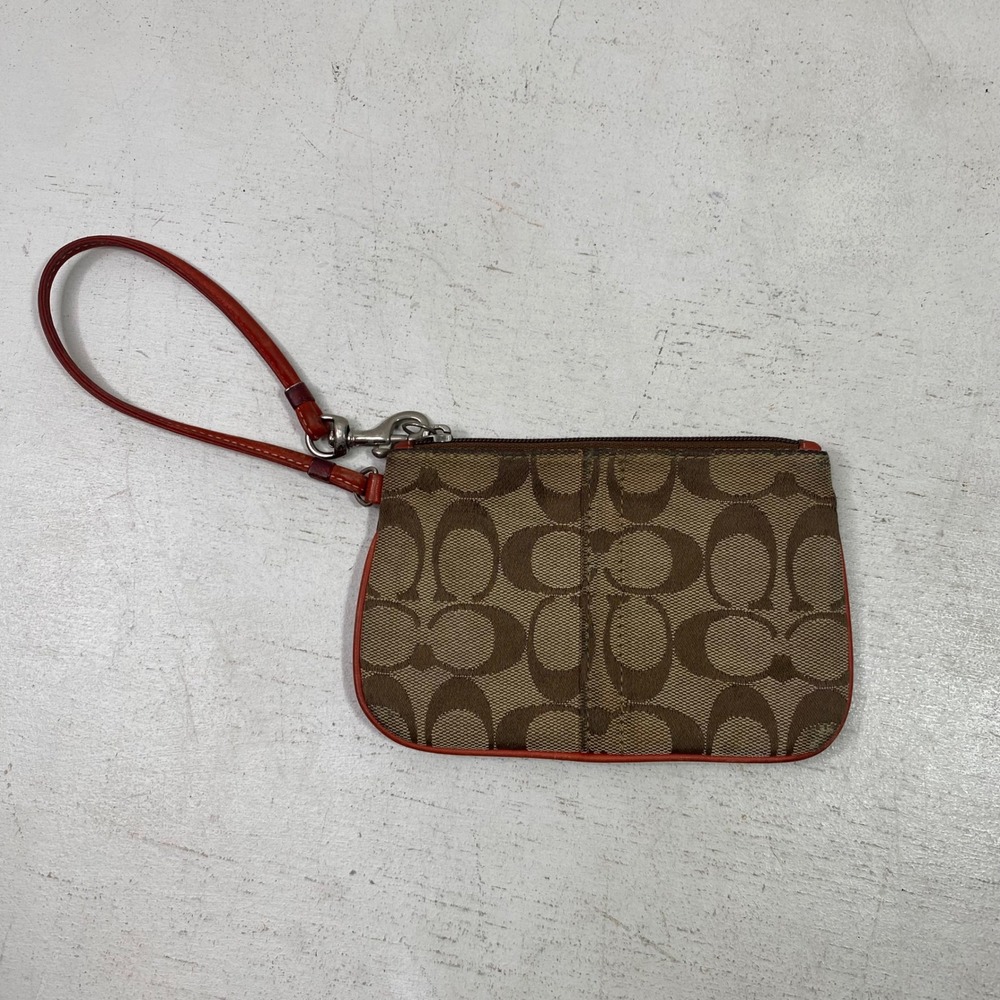 Coach Signature Monogram Canvas Wristlet Brown Orange Trim Y2K Zip Pouch